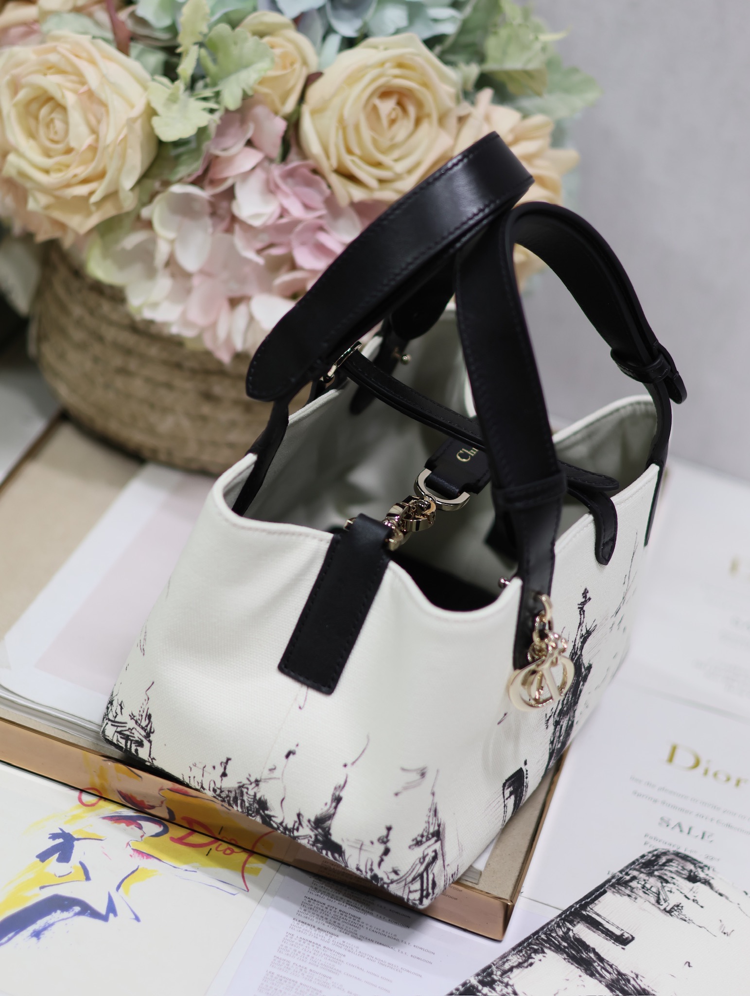 Small Dior Toujours Bag Latte and Black Canvas with New York Print